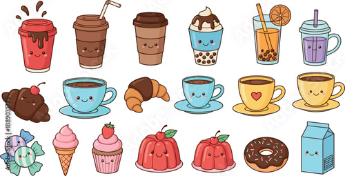 Collection of cute kawaii coffee cups desserts and sweet snacks illustration