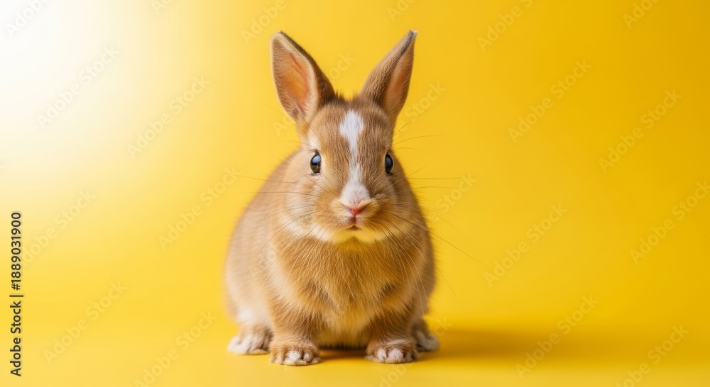 Obraz premium Cute brown rabbit with white markings sitting on yellow background looking directly at camera with perked up ears and soft fur texture