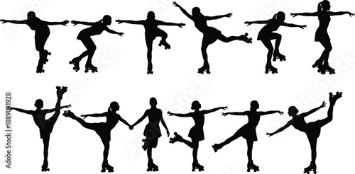 Large collection of black vector silhouettes featuring diverse people business professionals families roller skaters and ballet dancers isolated on white background for architectural visualization 