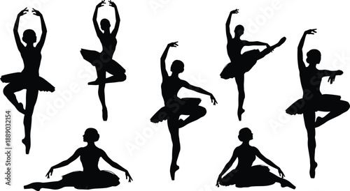 Large collection of black vector silhouettes featuring graceful ballerinas in various dance poses and tutus isolated on white background for performing arts and theater design
