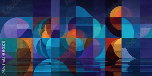 Geometric abstract art featuring intersecting shapes and vibrant color palette with a reflective base