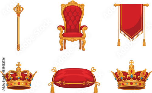 Royal medieval crown throne banner and scepter luxury monarchy vector illustration set