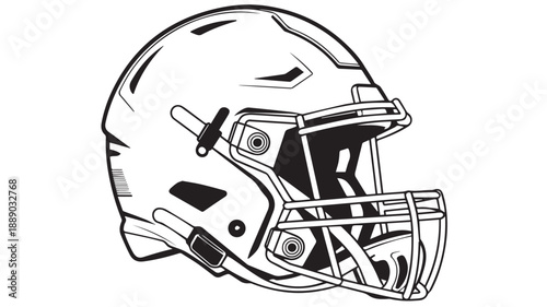 American football helmet in black and white line art, a symbol of sport and competition