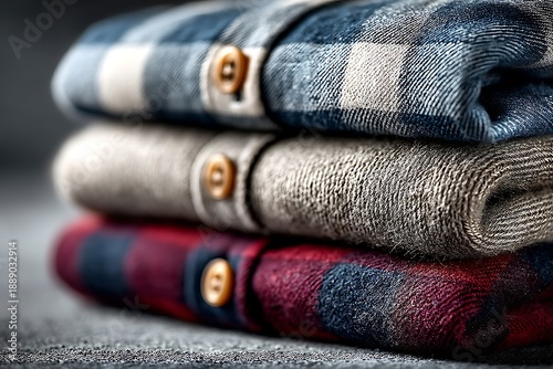 Wallpaper Mural Stacked flannel shirts closeup of folded plaid, cozy texture, and wood buttons Torontodigital.ca