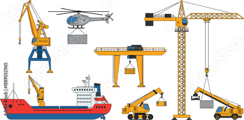 Construction and logistics machinery vector set with cranes ship helicopter and cargo handling equipment