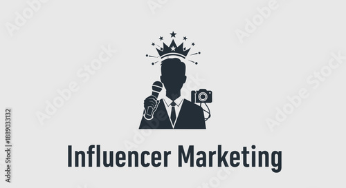 A professional influencer marketing illustration showcasing a suited man with a crown and media icons