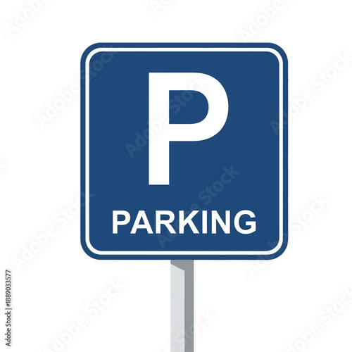 Blue parking sign with white letter P and word PARKING isolated on white background