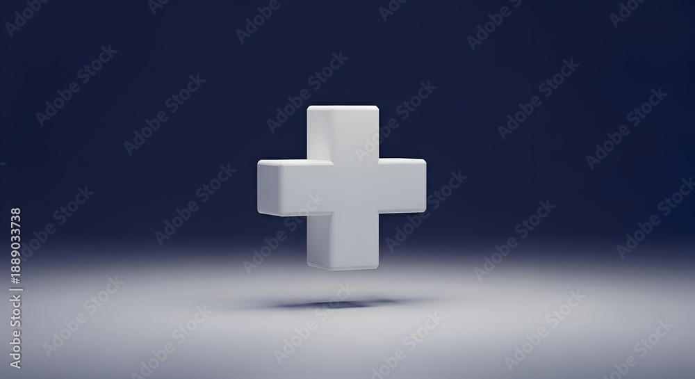 Obraz premium Clean 3D render of a white plus sign (+) symbol floating above a reflective surface with a dark blue background