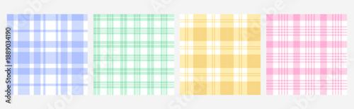 Traditional square gingham backgrounds. Checkered vichy print, picnic tablecloth plaid, gingham seamless pattern vector set. Napkin textile, grid blanket, check kitchen tartan texture in pastel colors