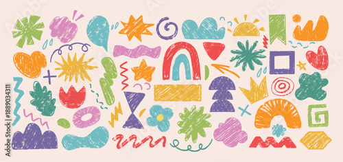 Playful hand drawn abstract shapes and doodles with crayon texture. Cute naive symbols, squiggles and colorful geometric kids elements, contemporary figures art. Vector set of children design stickers