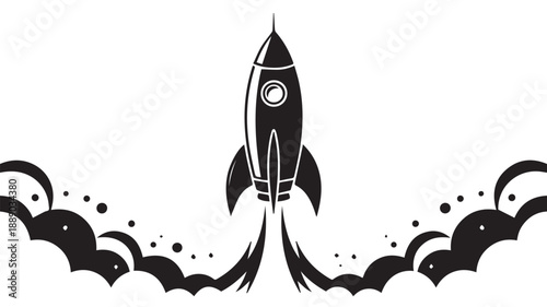 A monochrome illustration of a rocket launching upwards, surrounded by stylized smoke and clouds, symbolizing progress and ambition