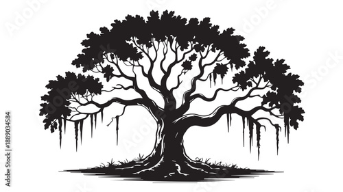 A Majestic Banyan Tree Silhouette Illustration - Symbolizing Strength and Growth