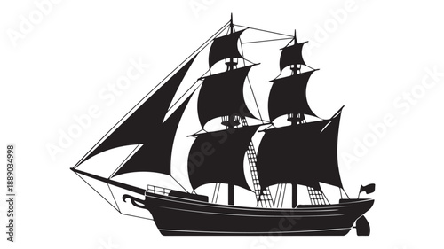 A Majestic Tall Ship Sailing on the Open Sea in a Striking Black and White Silhouette Illustration