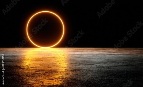 A glowing orange circle hovers above a reflective surface against a dark background