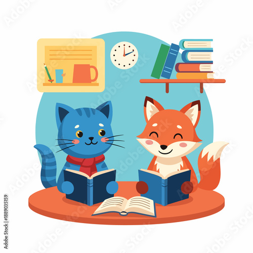 Cozy Cat and Fox Reading Together