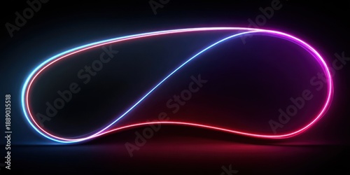 A neon-like, curved outline glows against a dark backdrop, creating a futuristic, abstract shape