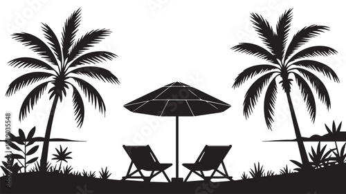 Black and white silhouette illustration of a tropical beach scene with palm trees, beach chairs, and an umbrella, perfect for summer and vacation themes