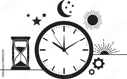 Simple clock face with hourglass and celestial bodies isolated on transparent background illustration