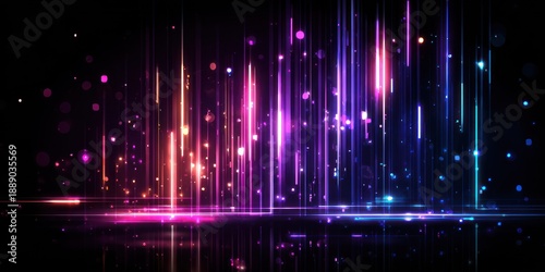 Abstract digital artwork features glowing vertical lines and floating particles with a reflective base