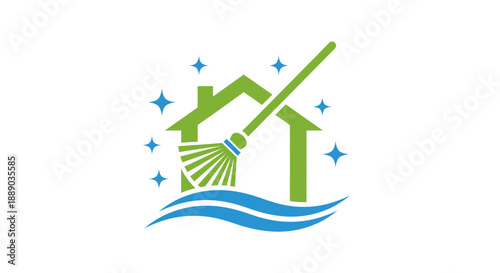 Green House Cleaning Service with Broom and Sparkles.