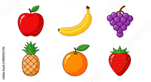 Colorful Fresh Fruit Icons Collection on Isolated White Background, Healthy Eating and Natural Produce Vector Set