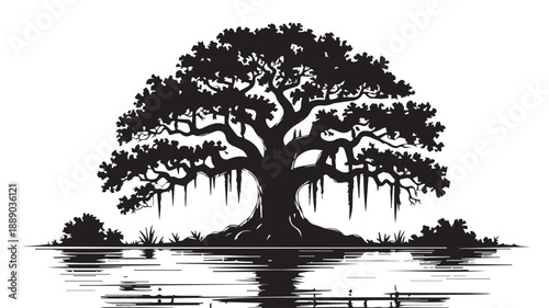 A Majestic Silhouette of a Live Oak Tree with Spanish Moss, Reflecting in the Water