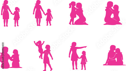 Silhouettes of mothers and daughters in various heartwarming poses isolated on transparent background