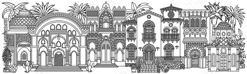 Vector line art illustration of a Mediterranean villa with balconies, arches and lush tropical plants, elegant symmetrical architecture for modern design use