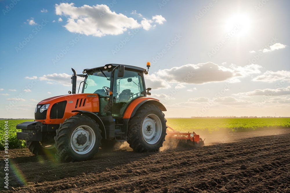 Fototapeta premium A tractor plows a field on a sunny day with clouds in the sky and a vast landscape.