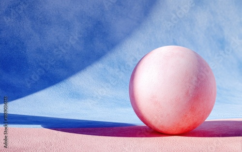 Soft pink sphere in vibrant composition with blue and pink textured backgrounds and shadows