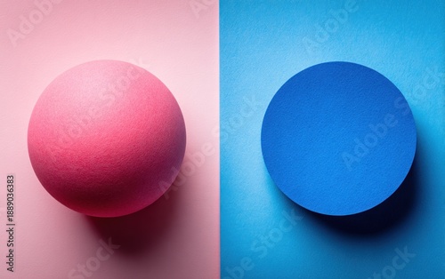 Two circles, pink and blue, on color-matched backgrounds, creating a graphic composition