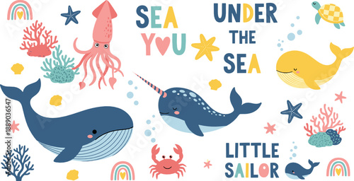 Cute under the sea vector set with whales, narwhal, squid, crab, turtle, coral, sea stars, and playful ocean quote elements