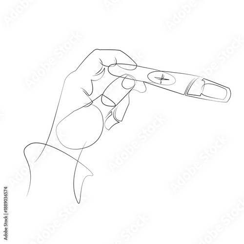 One continuous line drawing on white isolated background. Minimalism linear illustration. mother, result, woman, hand, fertility, test, positive, baby, closeup, future