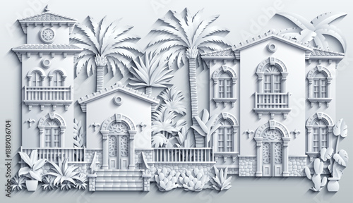 Papercut white vector of Mediterranean villa with balconies, arches and tropical plants, layered paper sculpture look, elegant symmetrical facade
