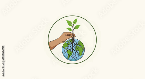 Hand holding a plant with roots growing from the Earth.