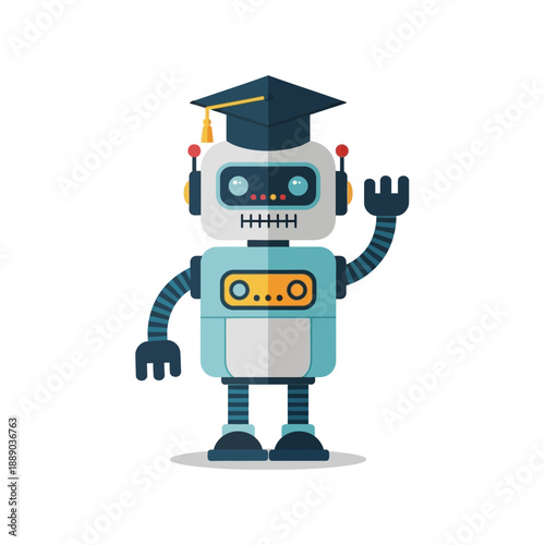 Robotic Student Waving with Graduation Cap - AI Education Concept