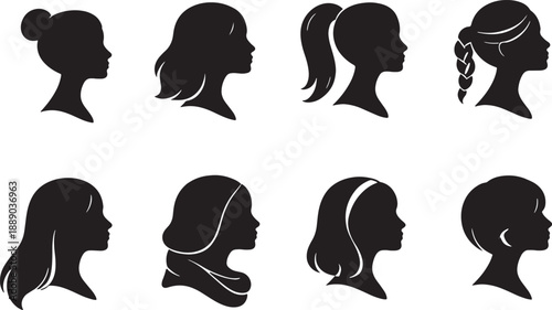Silhouettes of women with various hairstyles including ponytails braids and loose hair isolated on transparent background