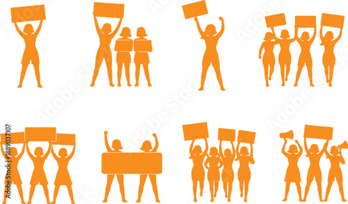 Silhouettes of protesting people holding signs demonstrating unity and activism in various group formations