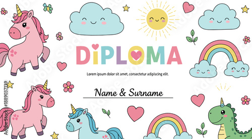 Cute unicorn diploma vector set with rainbows, clouds, sun, hearts, dinosaur, and pastel fantasy elements for kids certificates