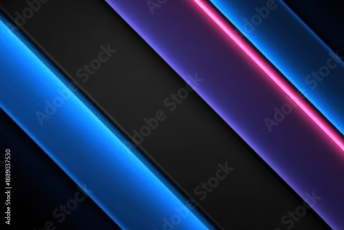 Angled abstract with neon stripes of blue, magenta, and black, on a dark background