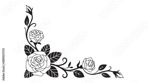 Elegant black and white vector illustration of blooming roses and foliage, gracefully forming a decorative corner motif, perfect for borders and embellishments