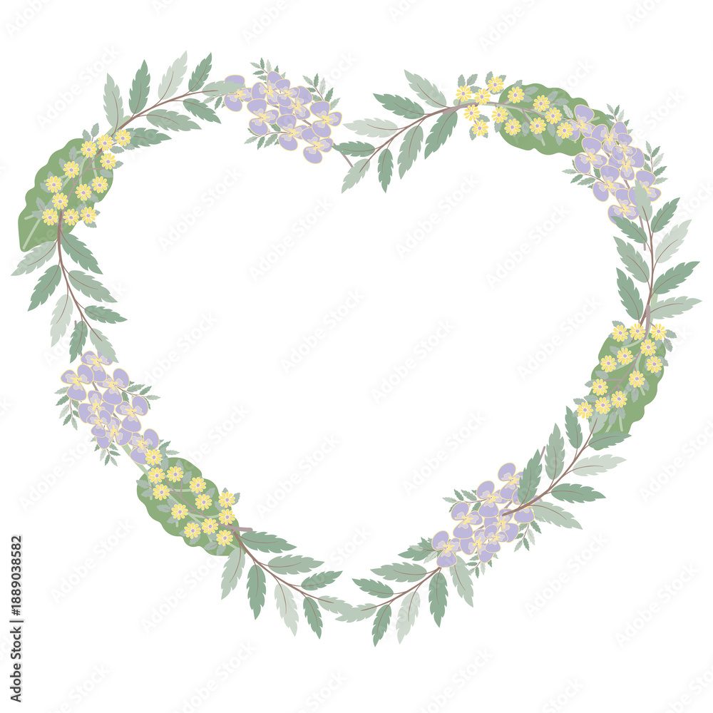Obraz premium Leaf and flowers Heart Frame Eco Botanical PNG Illustration