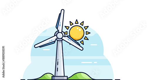 Wind Turbine Generating Renewable Energy on a Green Hill with Bright Sun and Blue Sky