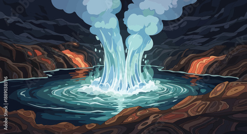 Steaming Volcanic Hot Spring with Geyser Erupting in a Dark Cave, Natural Geothermal Landscape