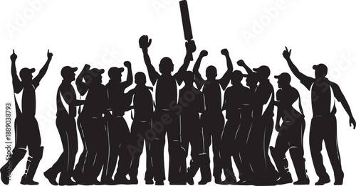 Silhouette of cricket team celebrating victory jumping in air against white wall