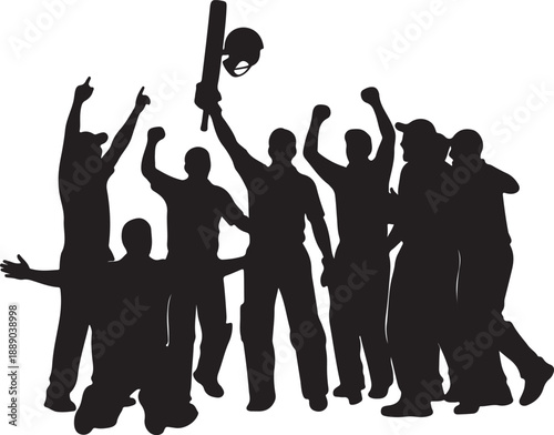 Silhouette of cricket team celebrating victory jumping in air against white wall