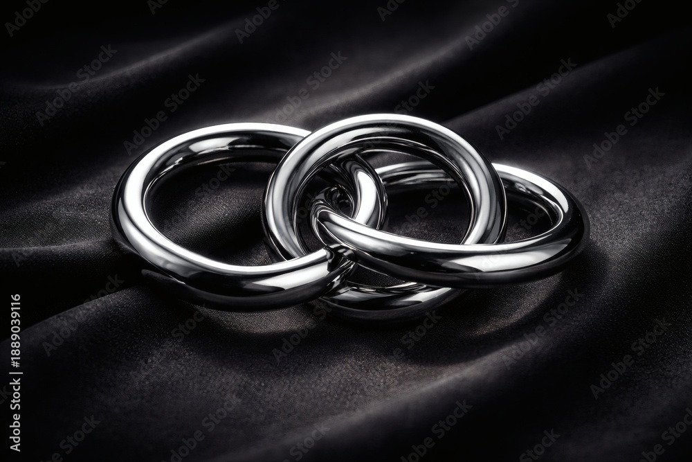 Fototapeta premium Three Interlocking Silver Rings on Black Silk Fabric interlocking rings metal rings
