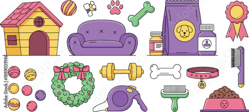 Pet care vector set with dog supplies, pet house, food bowls, toys, grooming tools, collars, bones, treats, and colorful animal accessories