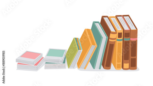 A colorful vector illustration of a stack of books in various sizes and colors