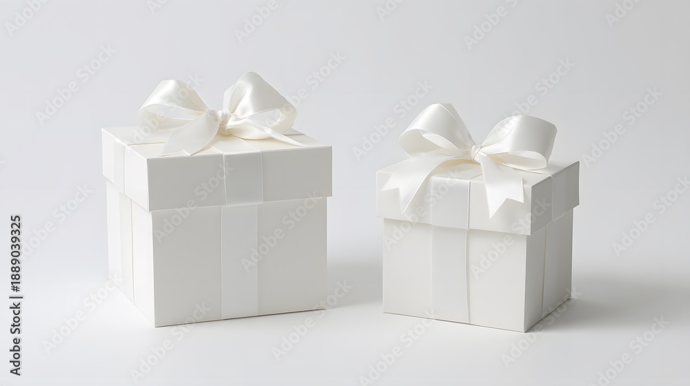 Obraz premium Two Minimalist White Gift Boxes with Satin Ribbons. Luxury Packaging Mockup on a Clean Background